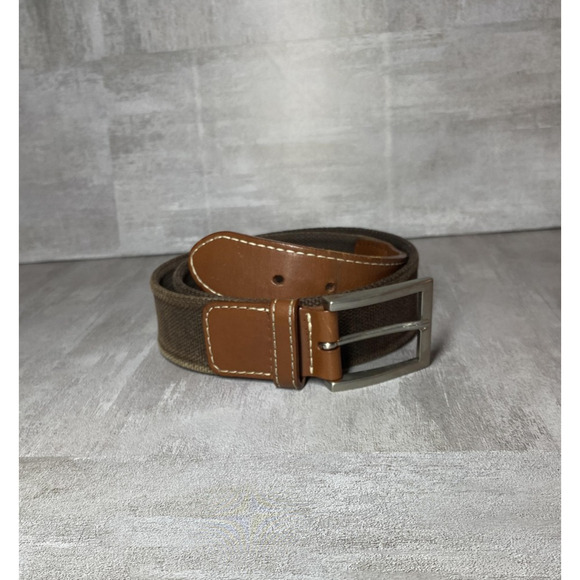 Bullock & Jones Belt Mens 34 Brown Canvas Leather Trim Nickel Free Buckle Italy - Picture 1 of 13